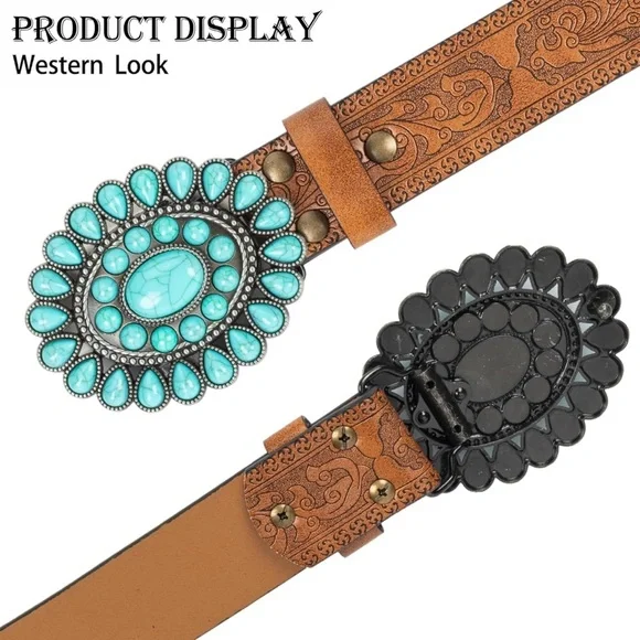 COPY - Women Turquoise-Western-Belt Floral-Engraved-Cowgirl-Belt PU-Leather Wai… - Picture 5 of 6